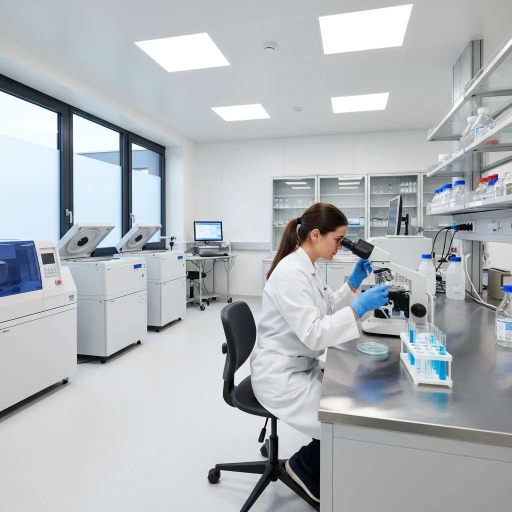 Medizintechnische Assistentin arbeitet am Mikroskop im Labor