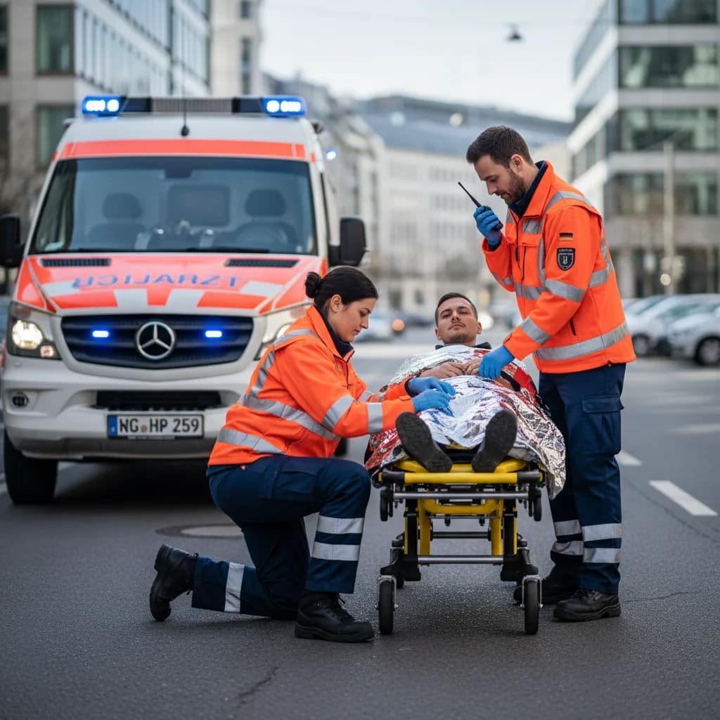 Rettungssanitäter versorgen einen Patienten am Einsatzort neben dem Rettungswagen